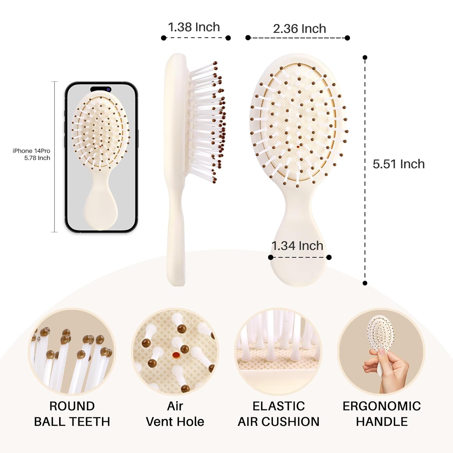 RHOS Mini cepillo de pelo para mujeres, hombres y niños, cepillo de pelo tamaño viaje para bolso, bolsillo, mochila, cepillo pequeño con cerdas