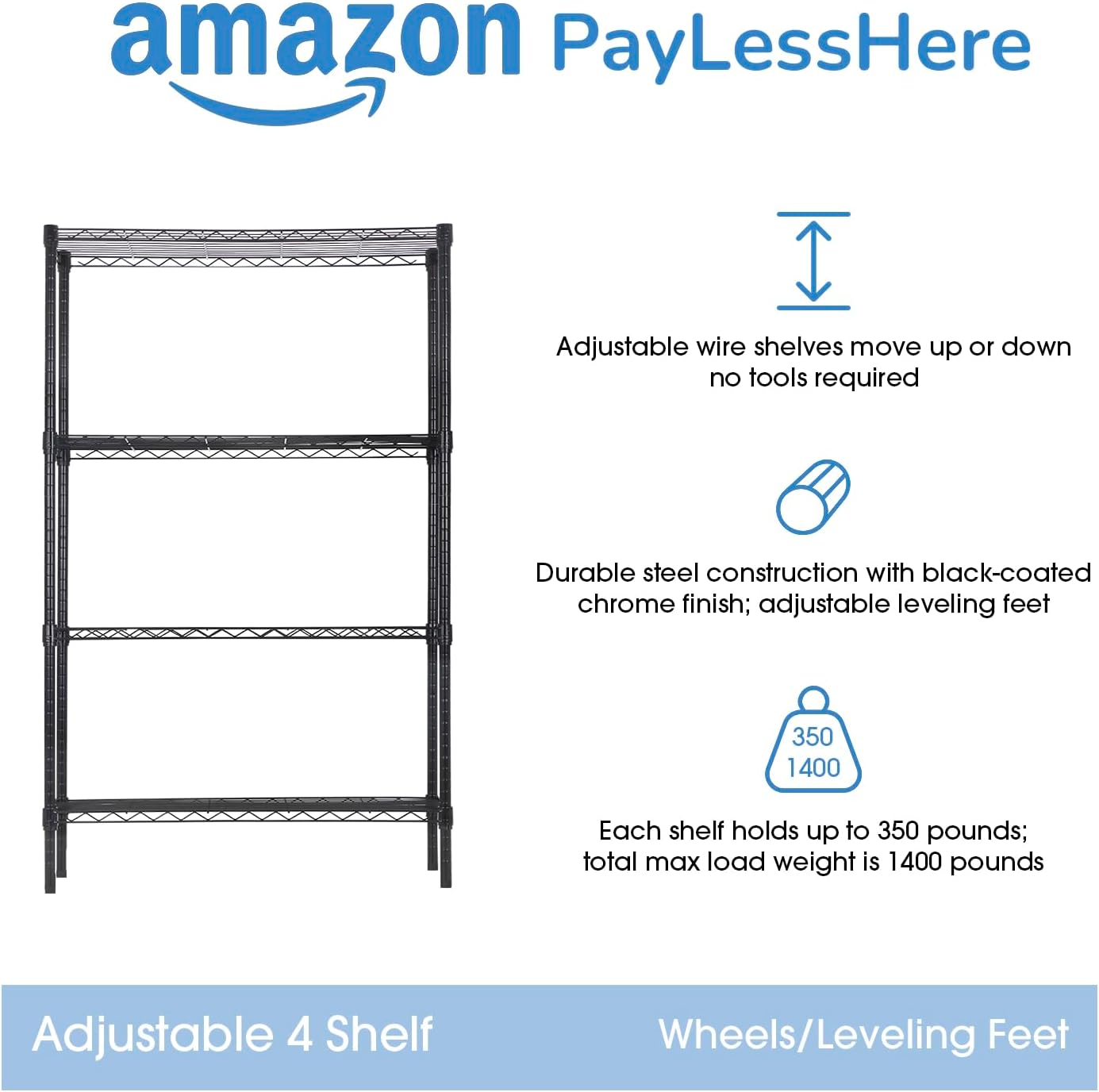 PayLessHere Estantería ajustable de 4 niveles, estante de almacenamiento resistente, organizador de alambre (capacidad de carga de 350 libras por