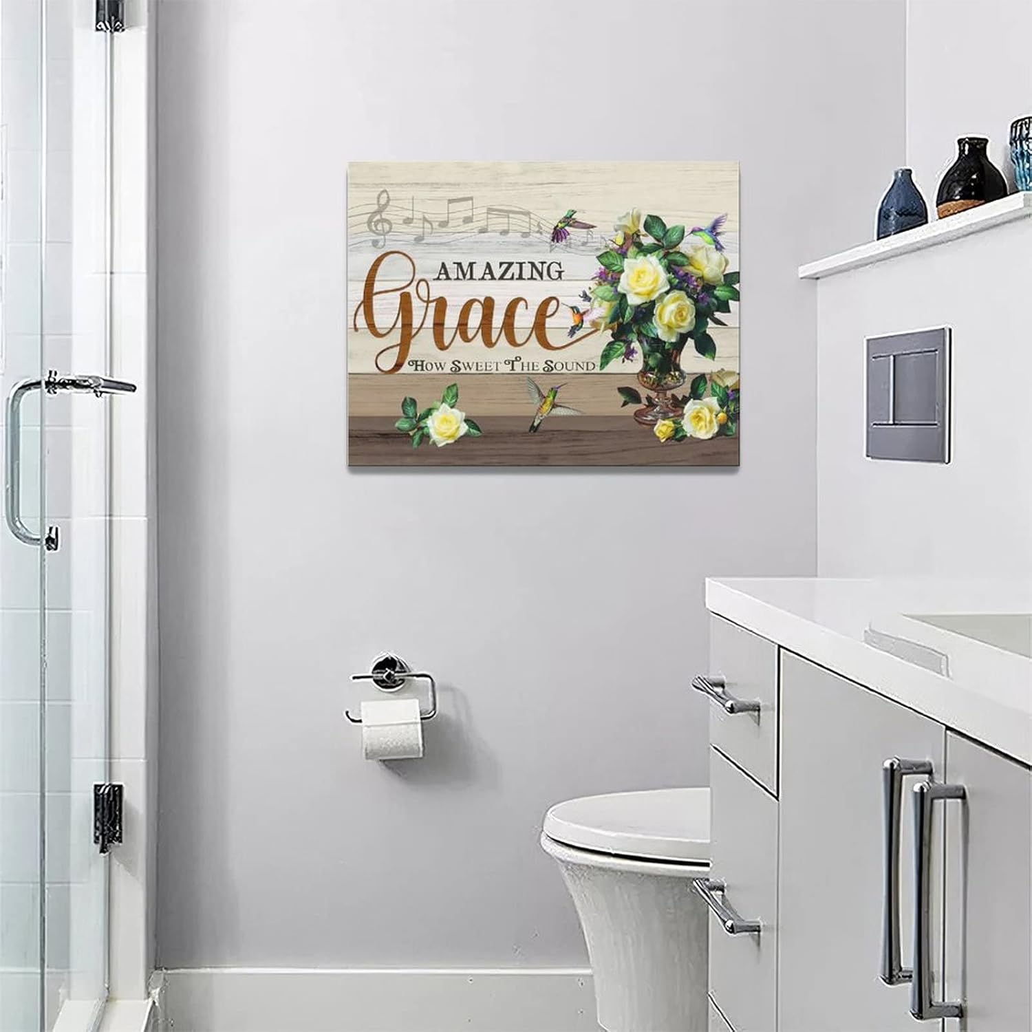 Decoración de pared floral de granja, flores rústicas de colibrí, arte de pared, pintura de gracia increíble, lienzo enmarcado para el hogar, baño,