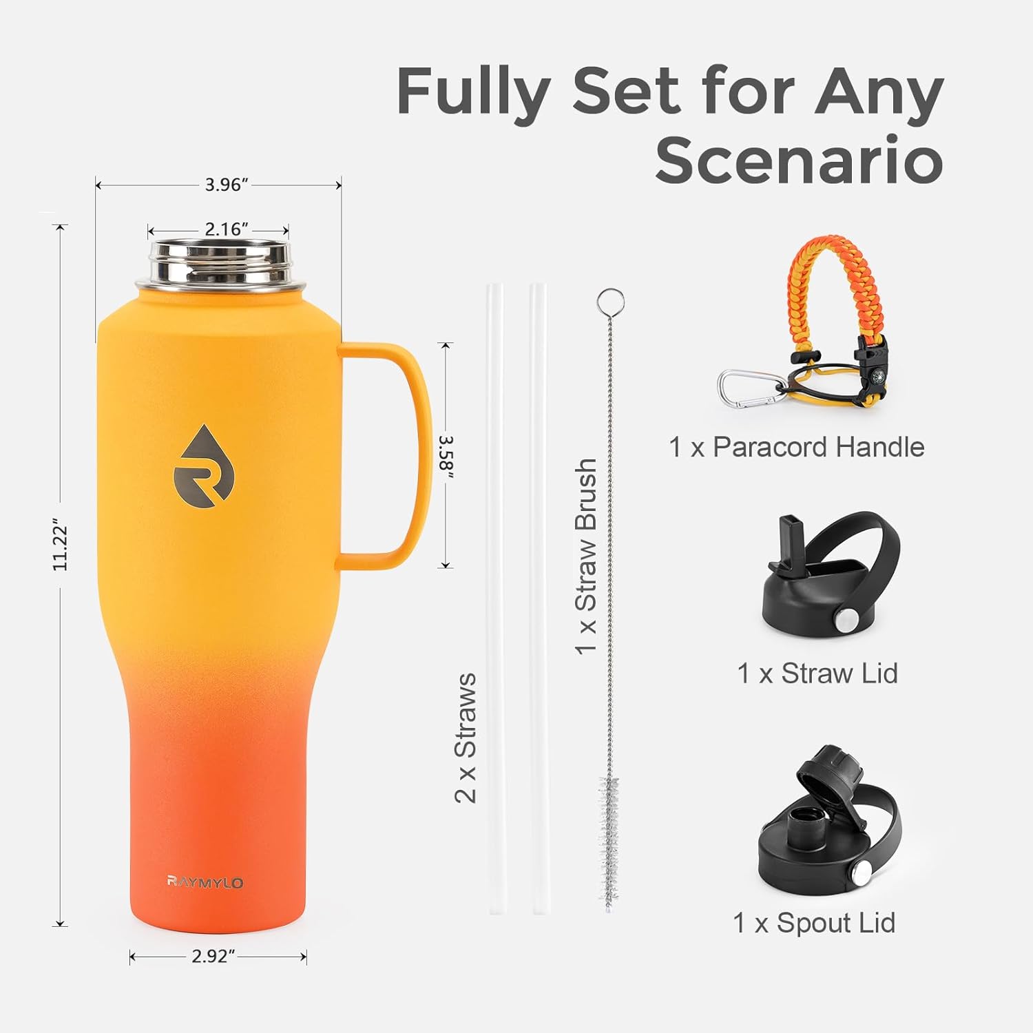 Botella de agua de 40 onzas, vasos aislados con asa, tapa de popote y mango de paracaídas, triple pared al vacío, acero inoxidable de grado