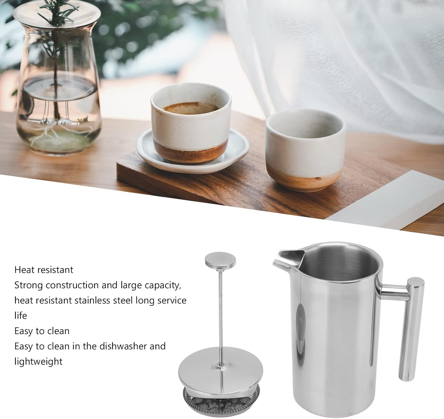 Prensa de café aislada de acero inoxidable con pantallas, cafetera de prensa francesa, libre de óxido, apta para lavavajillas, tetera de doble pared