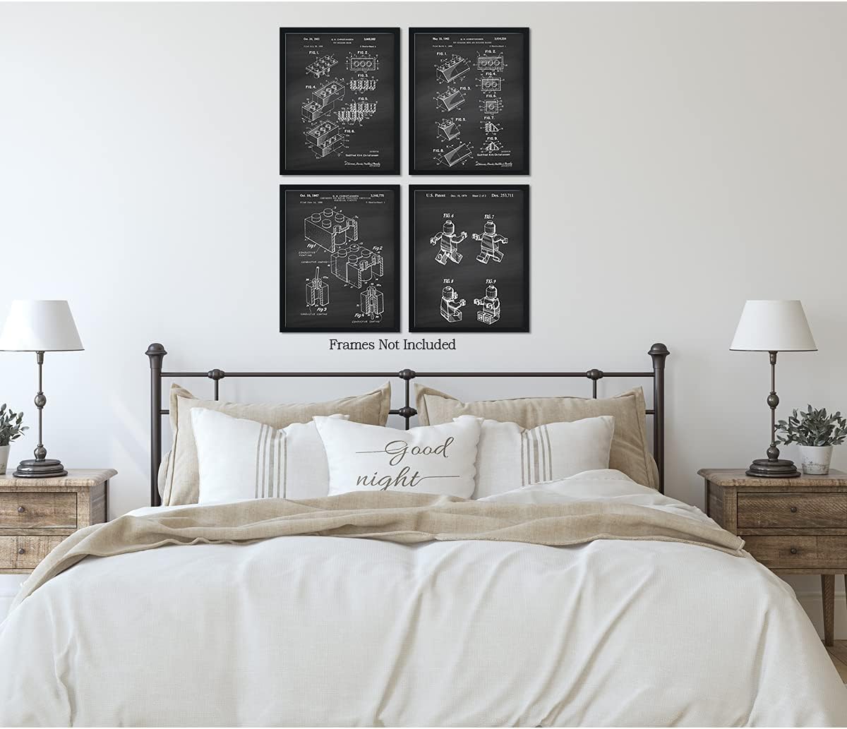 Govivo Legos Patent – Un conjunto de cuatro patentes de Lego – Impresiones decorativas de pared con fondos gris oscuro – ilustraciones sin marco