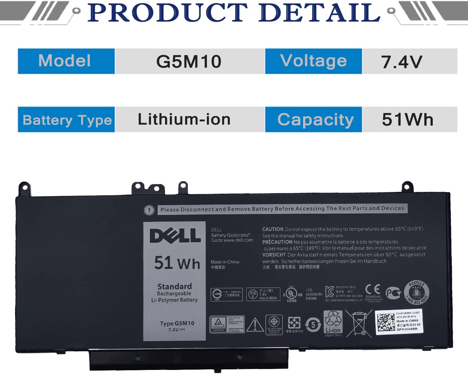 DELL G5M10 – Batería para portátil Dell Latitude 14 E5450 5450 Dell Latitude 15 E5550 5550 Series Notebook 15.6 pulgadas G5M10 0WYJC2 8V5GX R9XM9