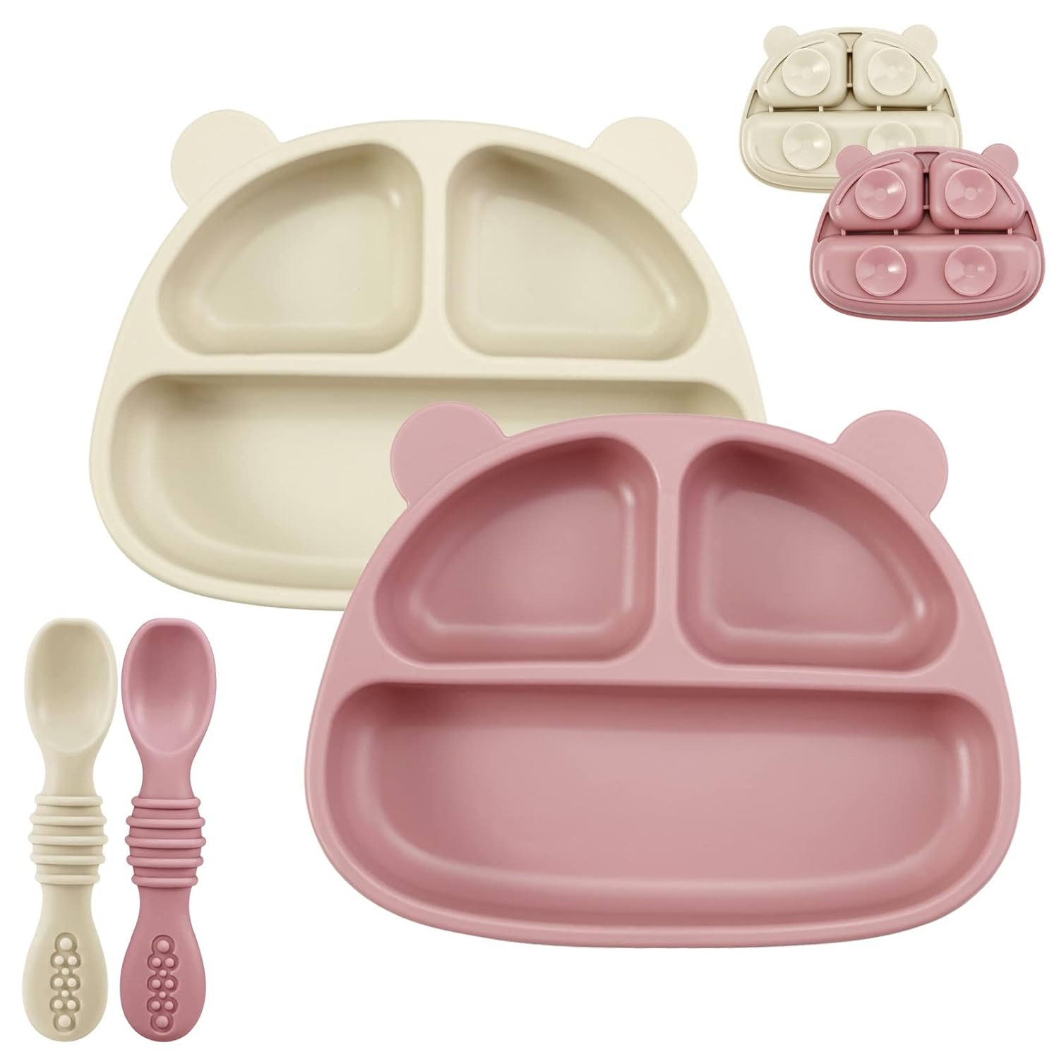 PandaEar Paquete de 2 placas de succión de silicona para bebés con 2 cucharas para autoalimentación, platos de succión 100% de silicona para niños
