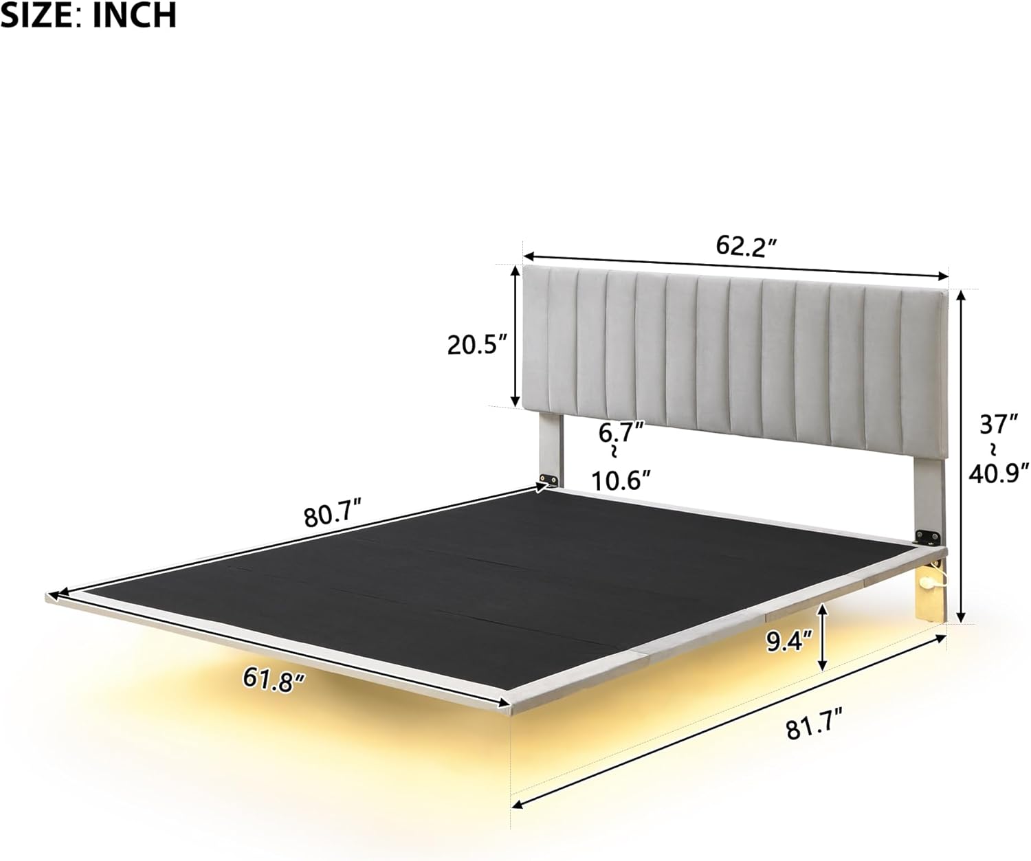 Merax Base de cama tapizada de terciopelo flotante tamaño Queen con sensor de luz y cabecero para adolescentes y adultos, color gris