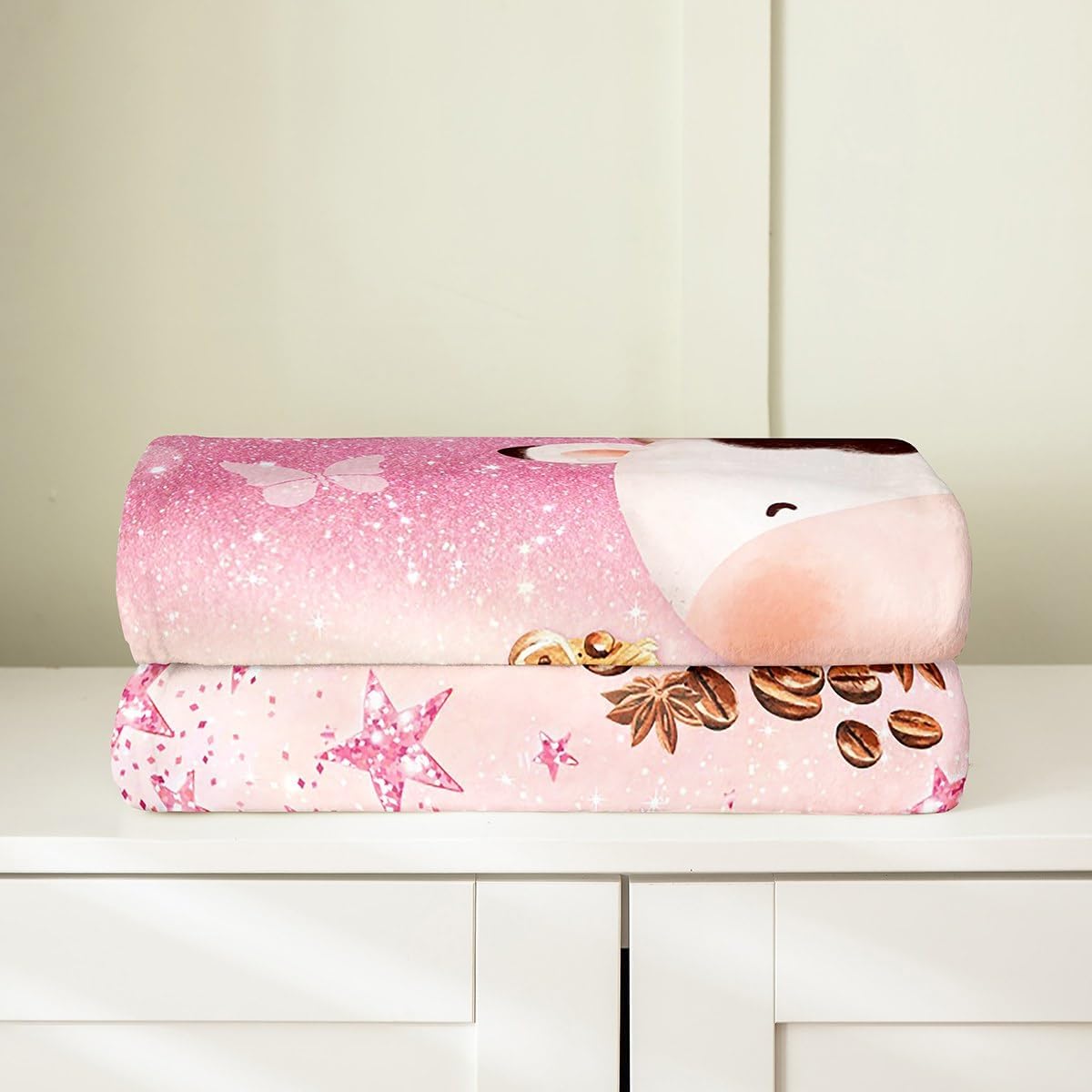 Bonita manta de franela con diseño de vaca de 40 x 50 pulgadas, con purpurina y estrellas rosadas y mariposas salvajes, para niños, niñas y