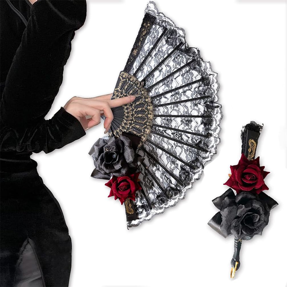 Abanico de mano negro de Halloween de encaje rosa de mano, vintage retro flor española, gran abanico plegable para mujeres, regalo de baile de