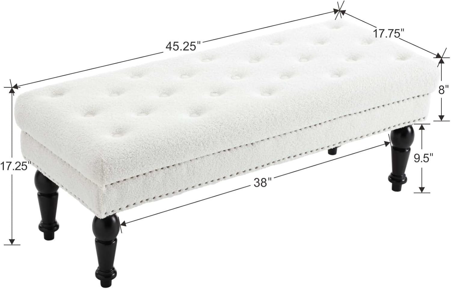 Banco tapizado moderno, de 45 pulgadas, sherpa para dormitorio, banco otomano con botones copetudos y patas de madera maciza para dormitorio, sala
