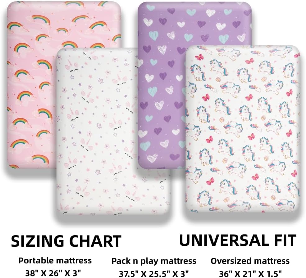 Paquete de 4 sábanas suaves para bebé niña N Play para colchón de cuna, diseño de corazón de arco iris, lindo poliéster neutro, unisex, juego de
