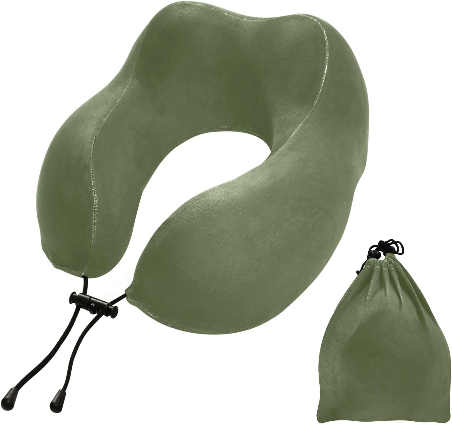 Almohada verde militar del cuello de la espuma de la memoria, con el bolso del almacenamiento del cordón, almohada para el avión