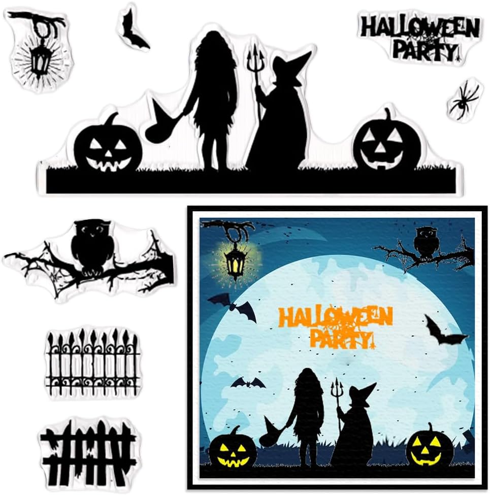 Sellos transparentes de Halloween para hacer tarjetas, palabras de Halloween, niñas, vallas de bruja, fondo, sello transparente de Halloween, sello