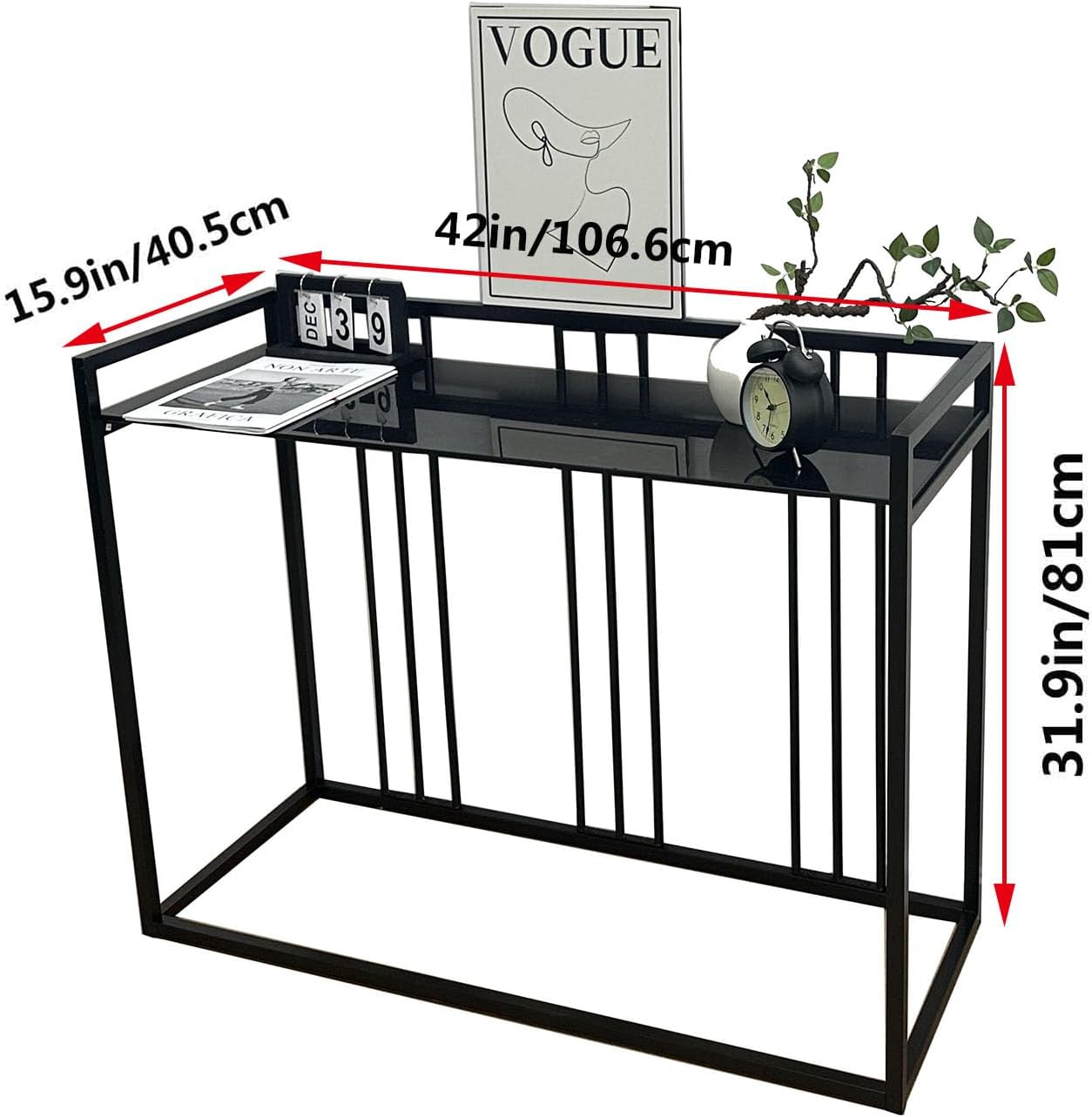 Mesa consola de 42 pulgadas, mesa de sofá de vidrio templado, mesa de entrada moderna con marco de metal para sala de estar, muebles de recibidor,
