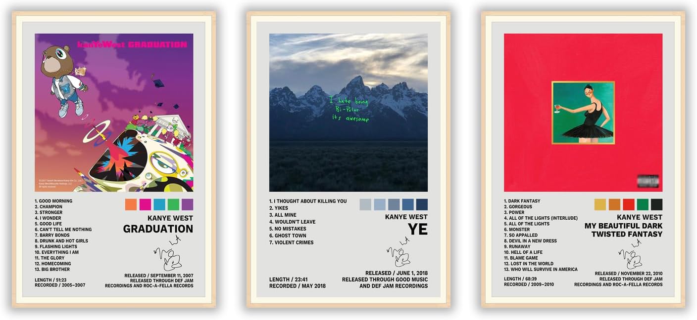 JINOS Póster de Kanye West – Juego de 3 pósteres de lienzo para álbum, pintura decorativa, pósteres de pared e impresiones artísticas modernas para