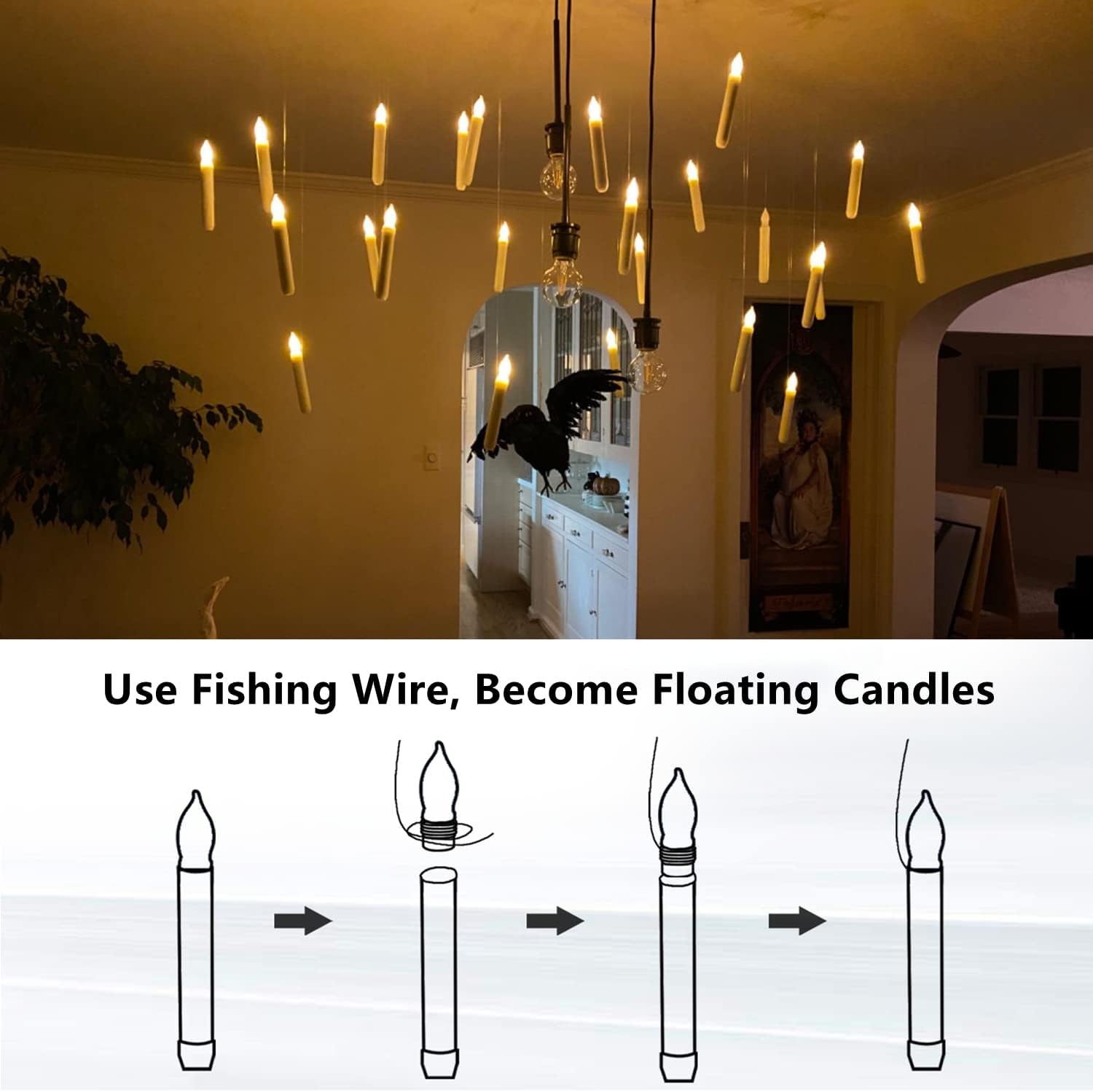 Velas flotantes con varita, 12 velas mágicas colgantes sin llama, luz cálida parpadeante LED con control remoto de varita, juego de velas de ventana