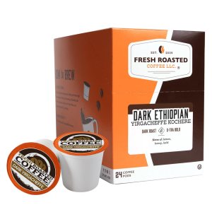 Fresh Roasted Coffee, Dark Ethiopian Yirgacheffe Kochere, Dark Roast, Kosher, Compatible con K-Cup, 24 cápsulas Fresh Roasted Coffee, Dark Ethiopian Yirgacheffe Kochere, Dark Roast, Kosher, Compatible con K-Cup, 24 cápsulas