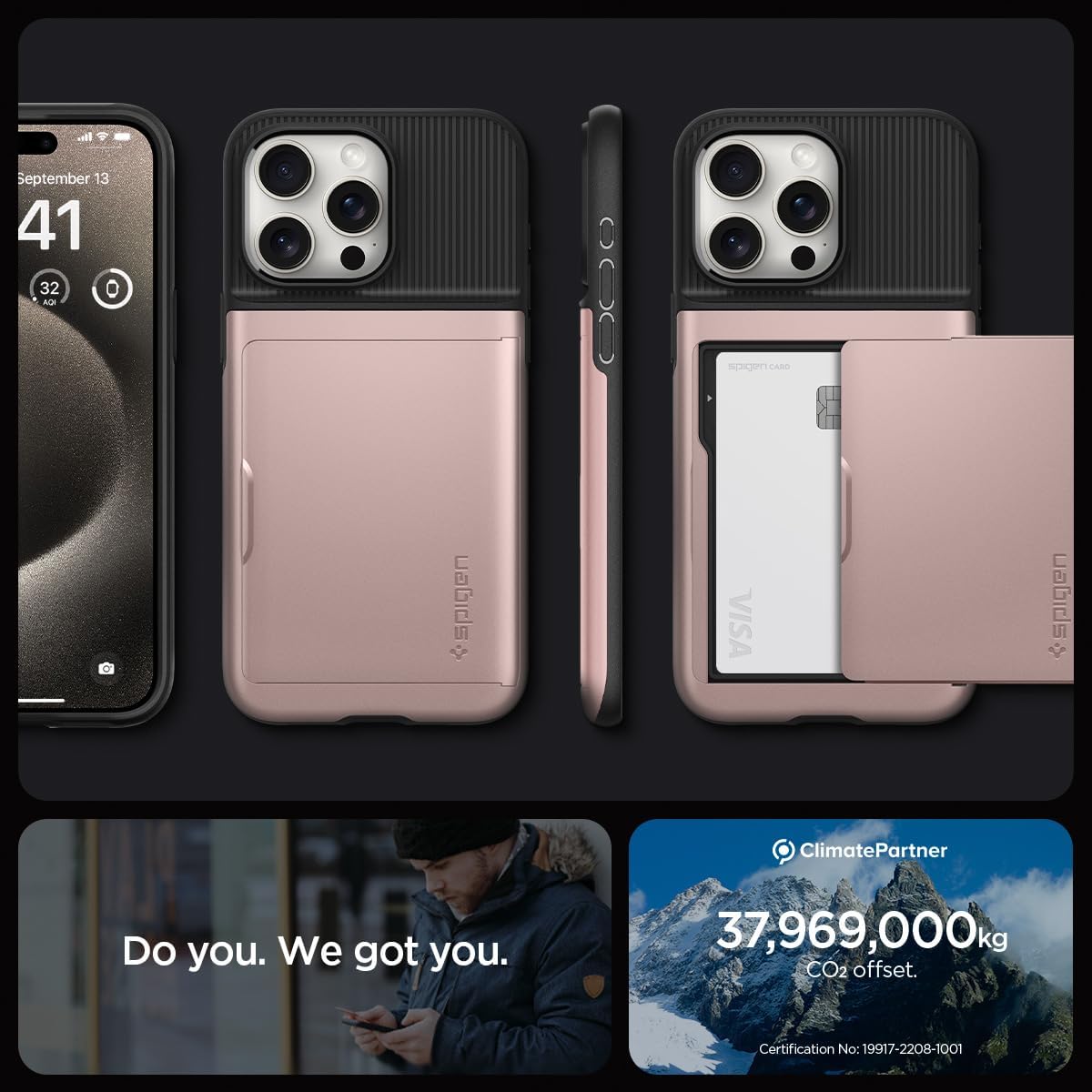 Spigen Slim Armor CS – Funda diseñada para iPhone 15 Pro Max (2023), protección de grado militar tarjetero – oro rosa