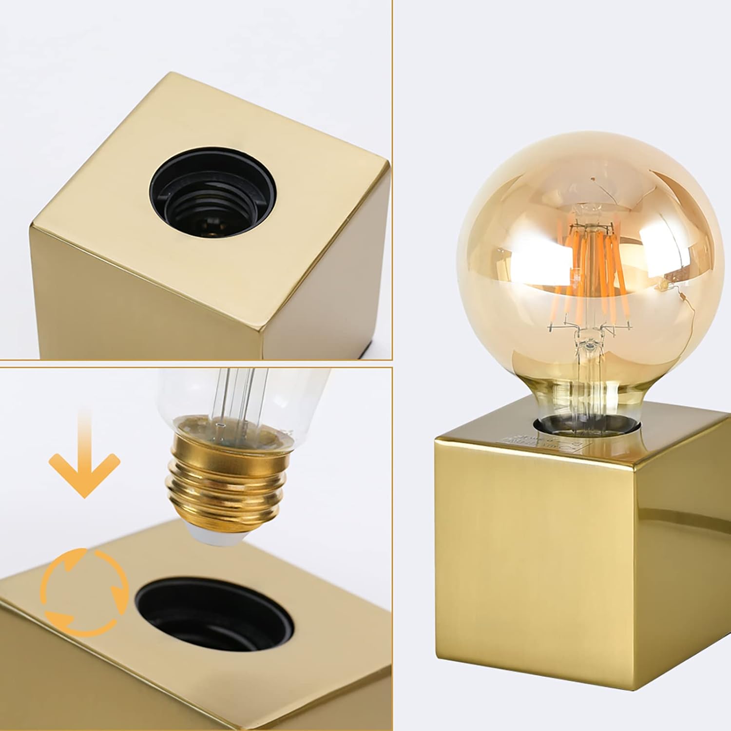 KUNJOULAM Mini base de lámpara de mesa industrial, luz dorada para mesita de noche, moderna lámpara de acento pequeña, acabado de latón, bombilla