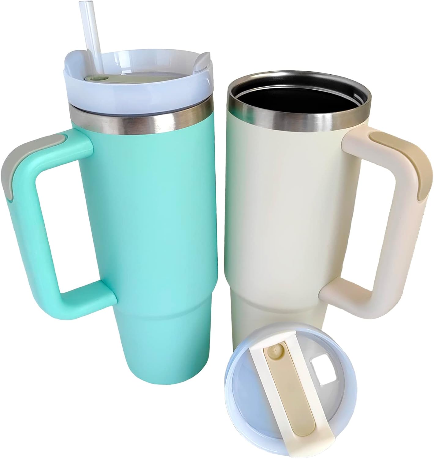 Vaso de 30 onzas con asa y tapa de popote para agua, vaso aislado de acero inoxidable sellado al vacío de doble pared, taza de viaje para bebidas