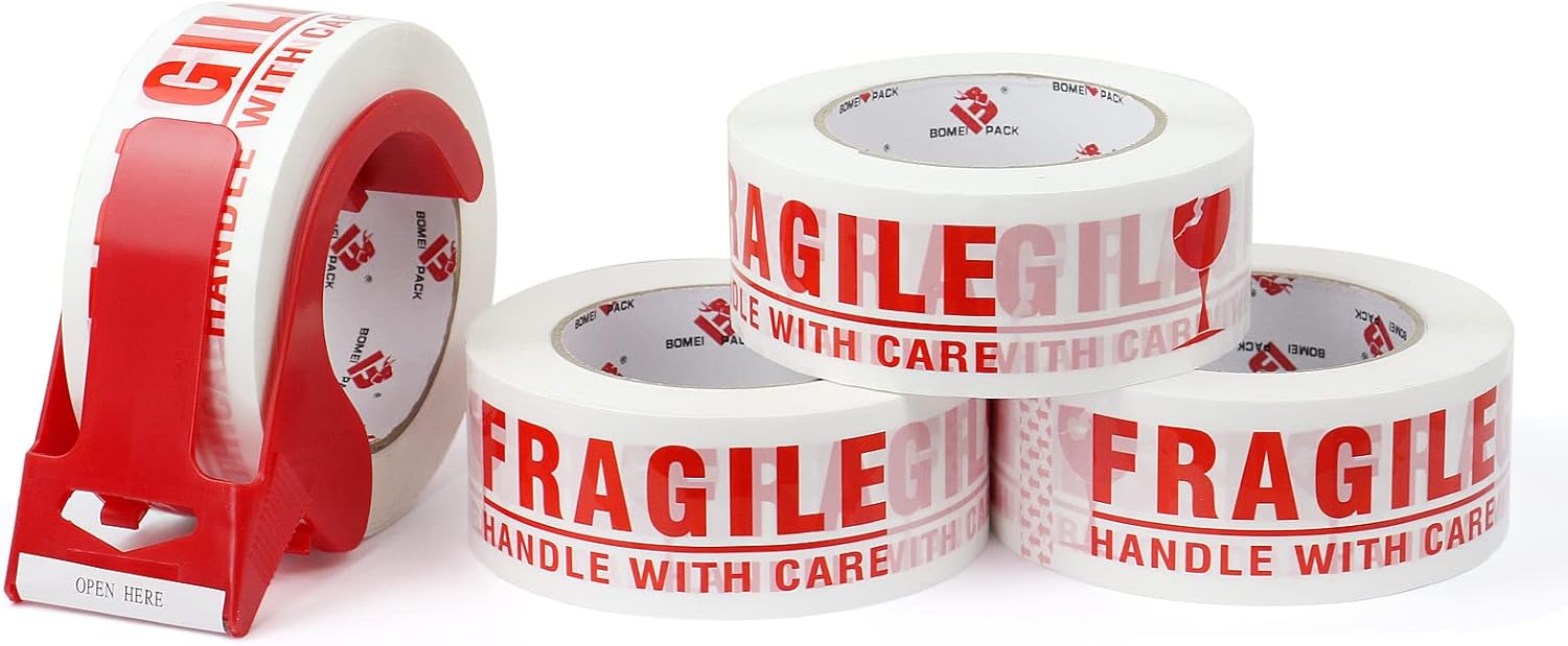 BOMEI PACK Cinta de embalaje frágil con cinta de mudanza, cinta de envío frágil, 2 pulgadas x 330 pies (110 yardas), cinta frágil resistente para