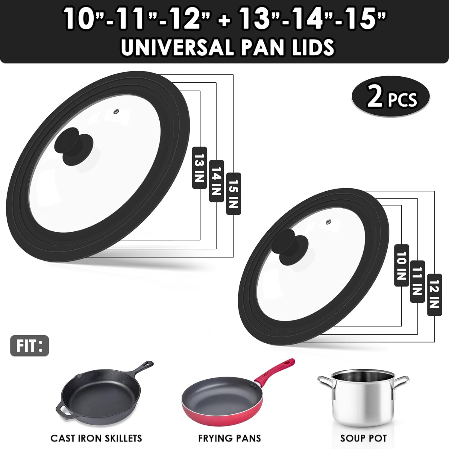 GDDGCUO Tapas universales para sartenes, 2 tapas de olla para ollas, sartenes y sartenes. Se adapta a utensilios de cocina de 13, 14, 15 pulgadas de