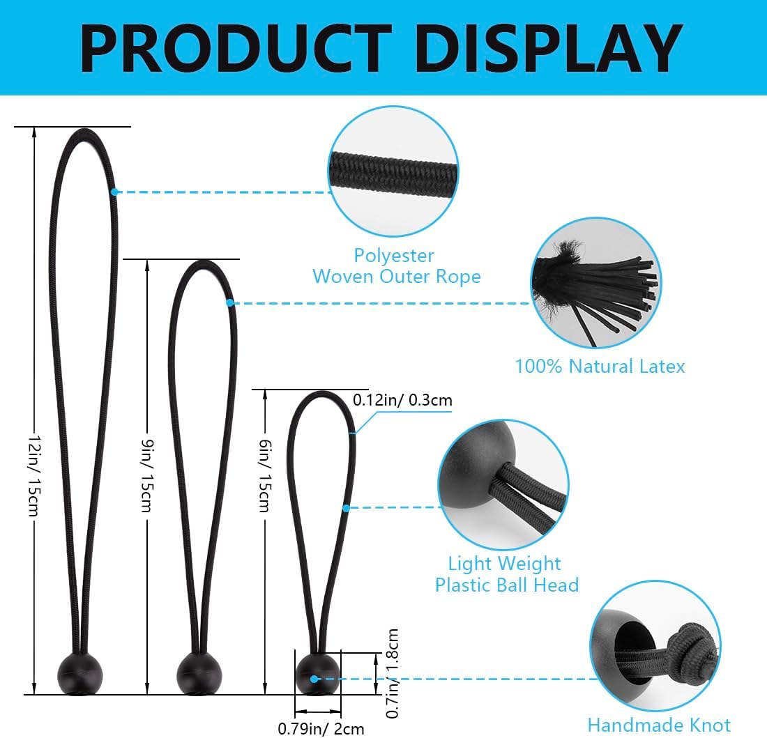 50 cuerdas elásticas negras con bolas, cuerdas elásticas reutilizables de 6 pulgadas resistentes al aire libre, lona elástica con bolas para lonas,
