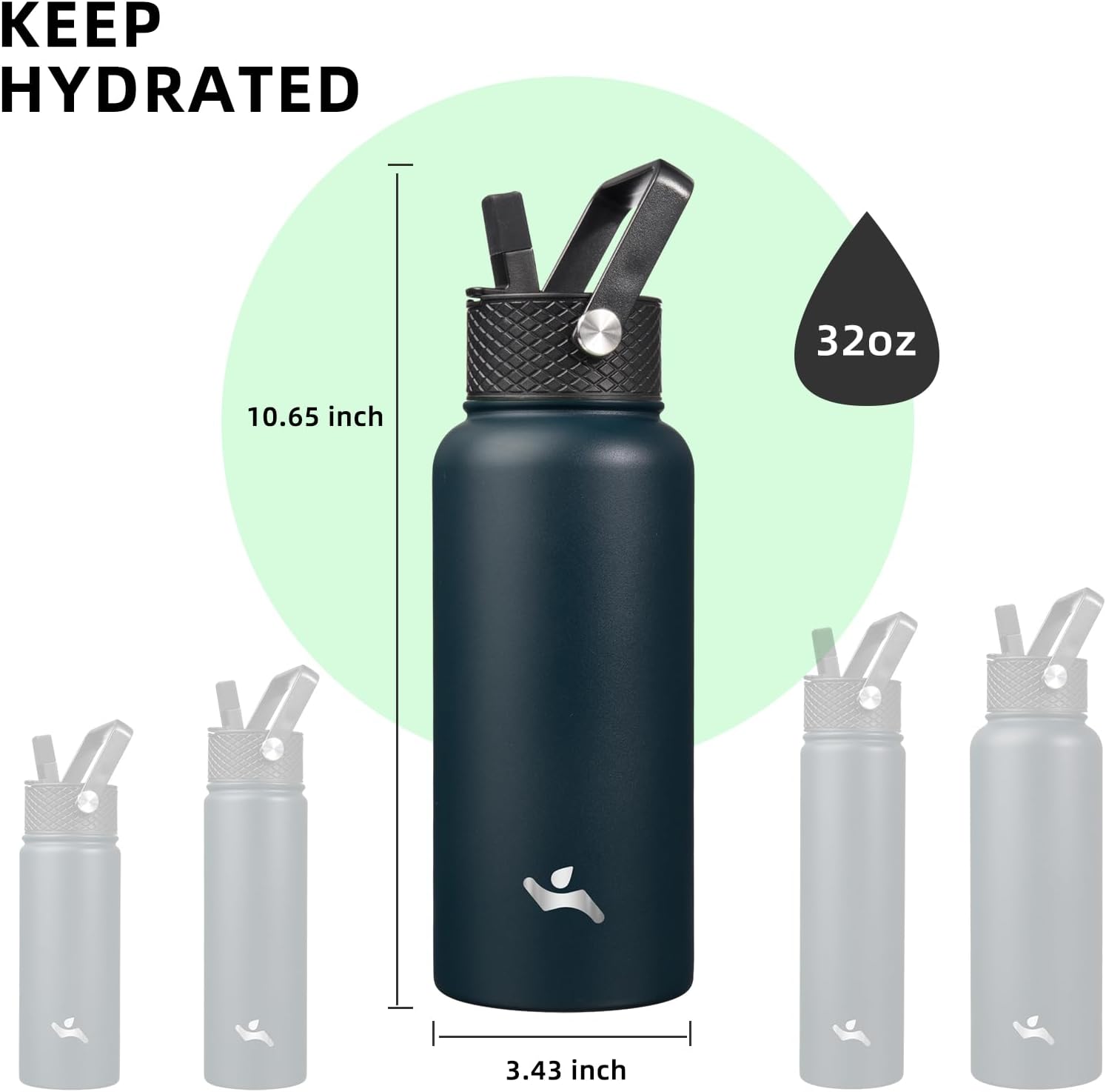 Botella de agua aislada con popote, 32 onzas, 3 tapas, botellas de metal, botella de agua de acero inoxidable, azul marino