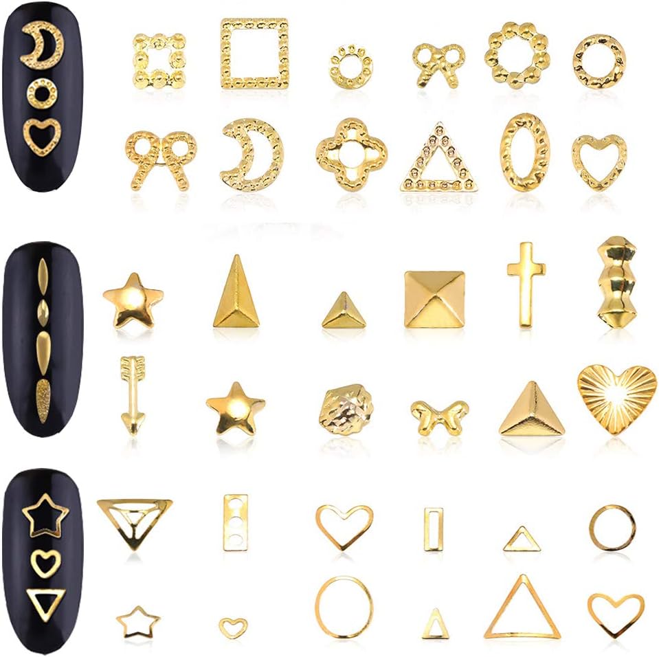 Beuniar Micro cuentas de uñas 3D, suministros de uñas doradas, decoraciones de metal, 6 cajas de estrella, luna, corazón, triángulo, remache