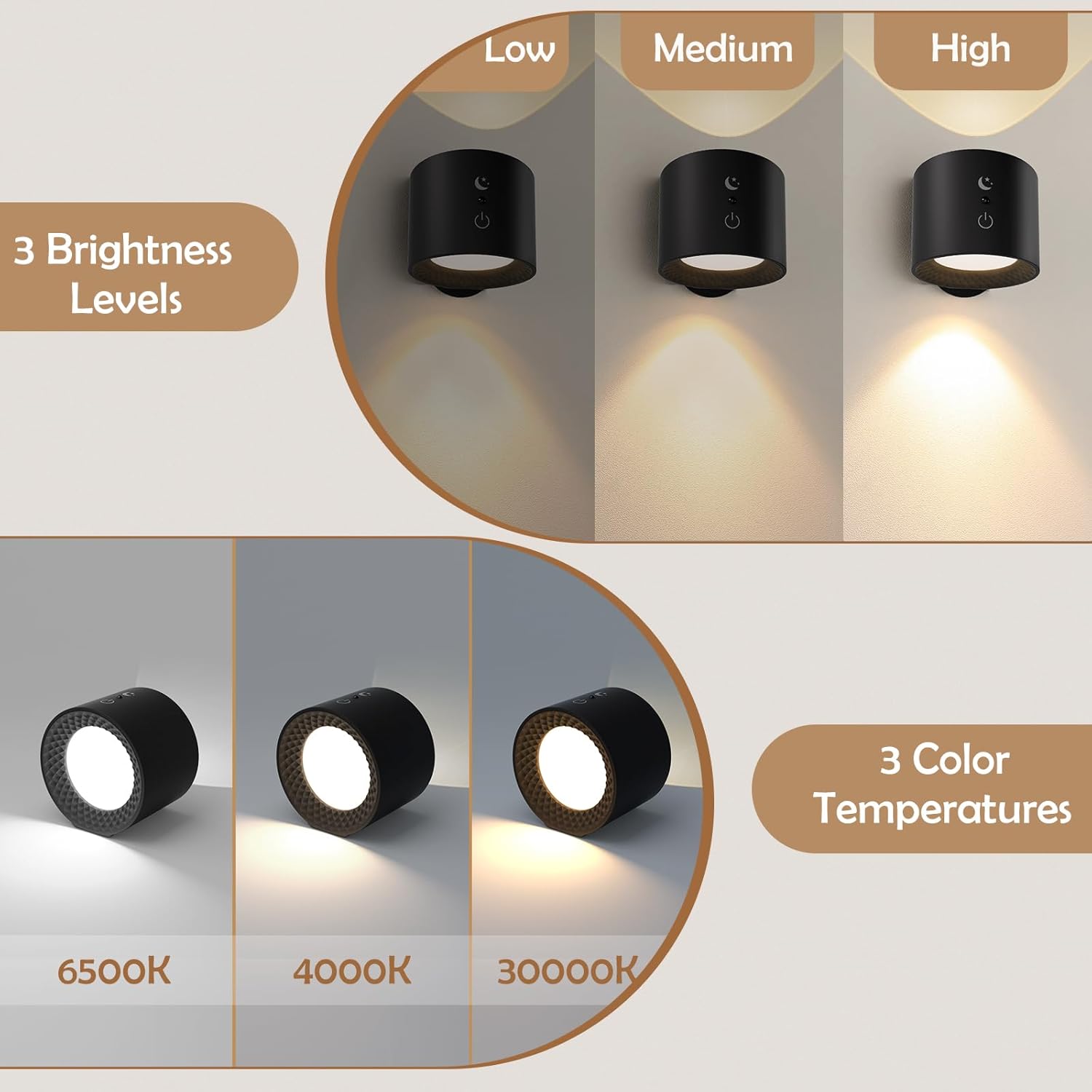 Aplique de pared LED arriba y abajo doble lámpara con 4 brillo regulable, 3 colores, bola magnética extraíble inalámbrica de rotación de 360,