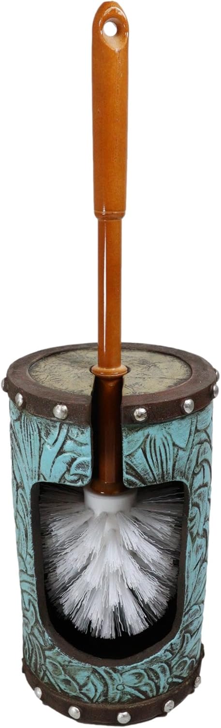 Ebros Gift Juego de 2 piezas para limpiar el inodoro con diseño floral de cuero sintético turquesa occidental rústico vintage y soporte para base