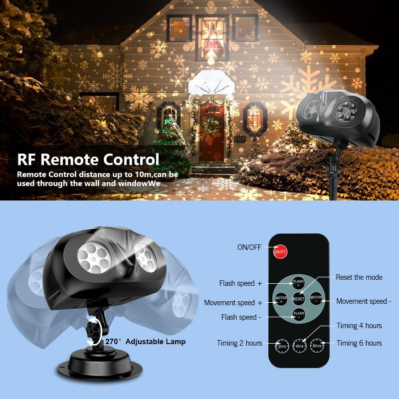 VanSmaGo Proyector LED de copo de nieve de doble cabeza mejorado, IP65 impermeable, rotación de 180, fácil instalación, gran rango de proyección,