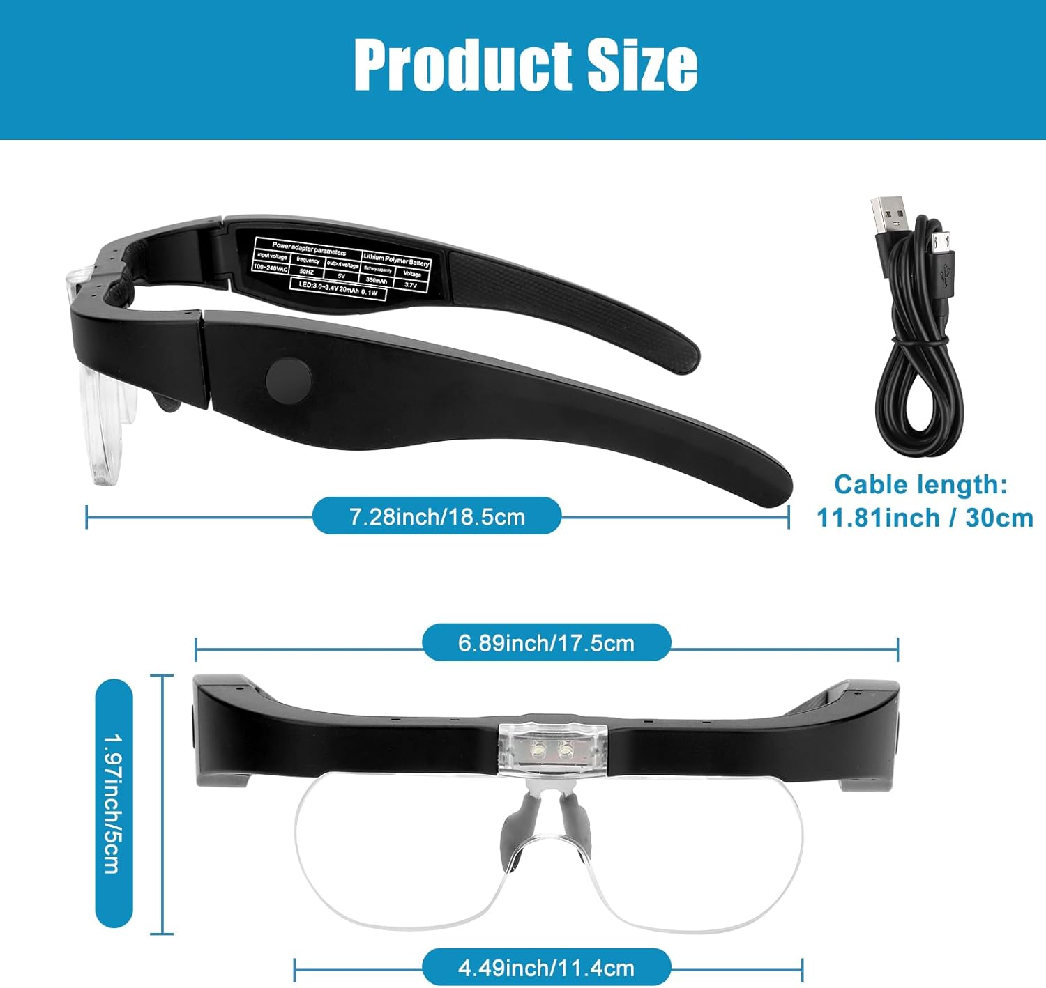 Lupas recargables, lupa iluminada para la cabeza con luz, lupa iluminada manos libres con 4 lentes desmontables 1.5X, 2.5X, 3.5X, 5X para leer joyas