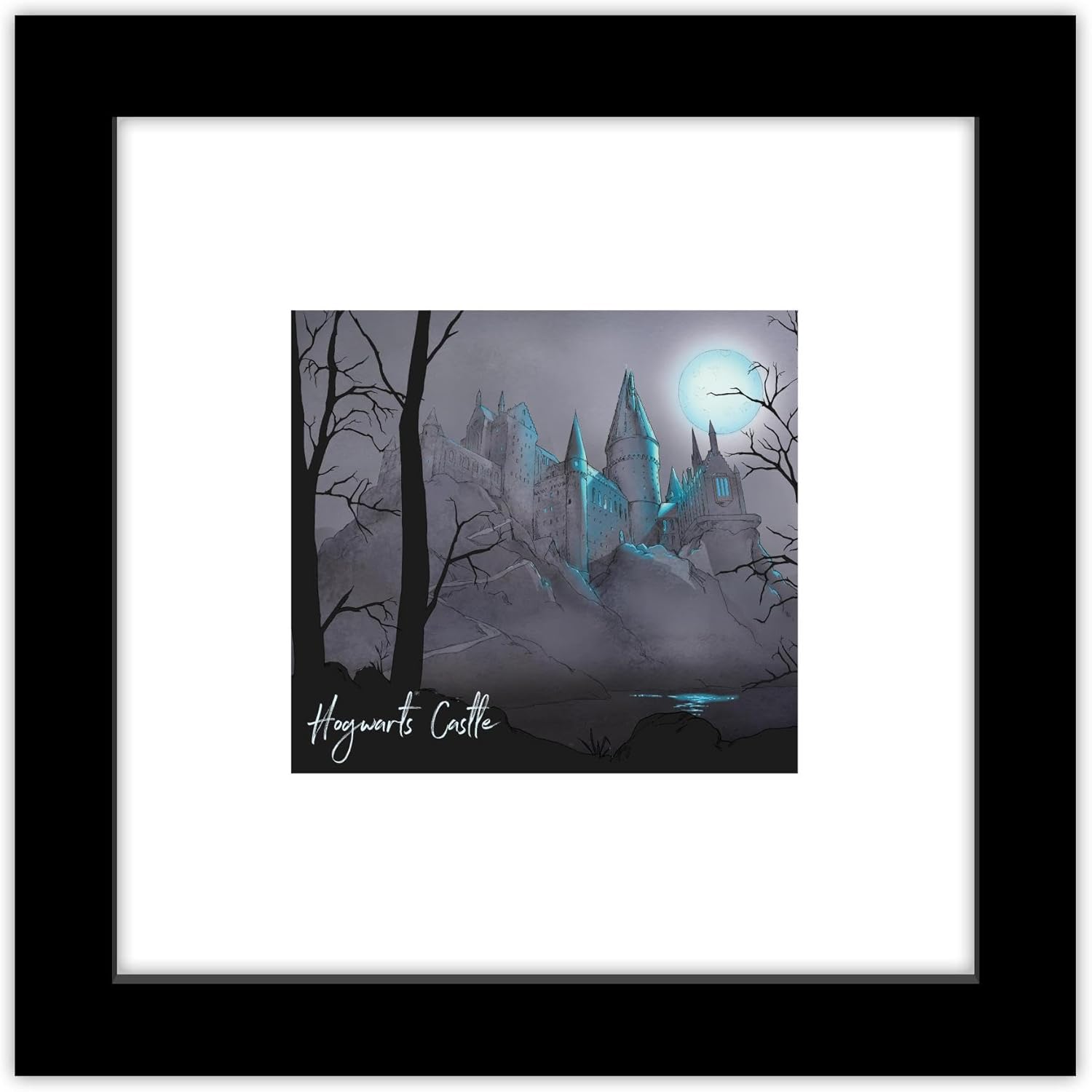 Trends International Gallery Pops Harry Potter – Arte de pared Glimmer Hogwarts Castle Moonlight, versión enmarcada negra, 12 x 12 pulgadas