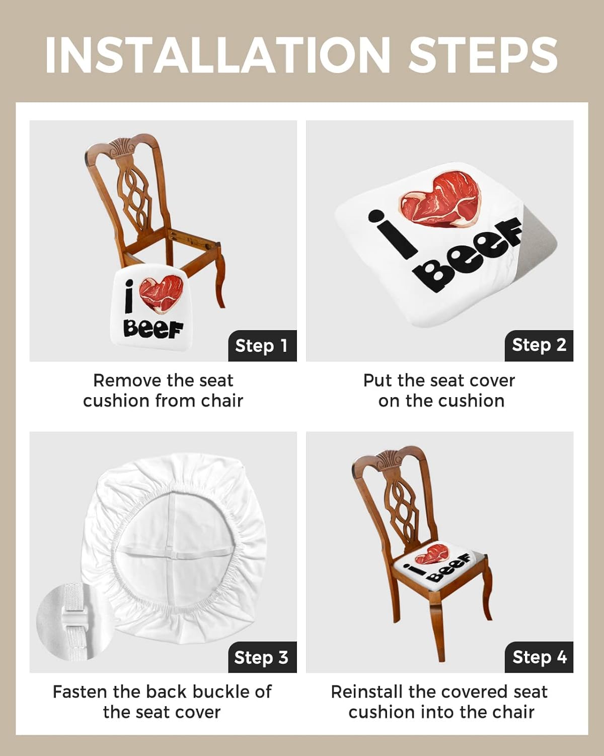 Chair Seat Covers,I Love Beef Heart Kitchen Decoration Stretch Removable Seat Covers for Dining Chairs,Soft Dining Room Seat Cover Set of 4