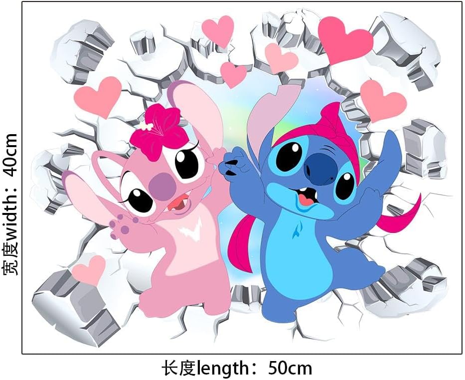 FANG LIAN – Calcomanías de pared de Lilo y Stitch, calcomanías de pared de dibujos animados, diseño de puntada extraíble, decoración mural para