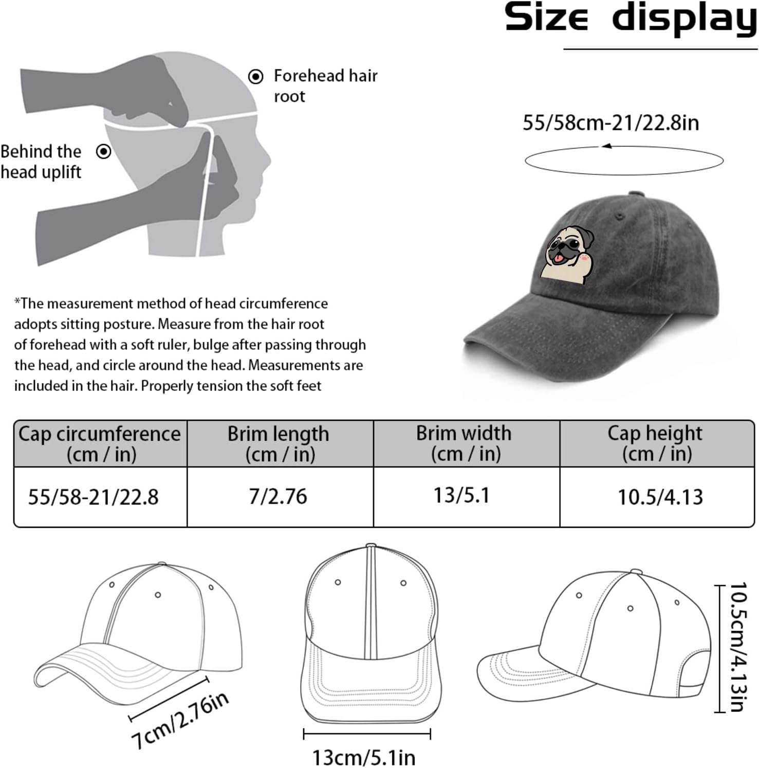 Gorra de béisbol para perro de Cap Pug, sombreros divertidos para papá para mujer