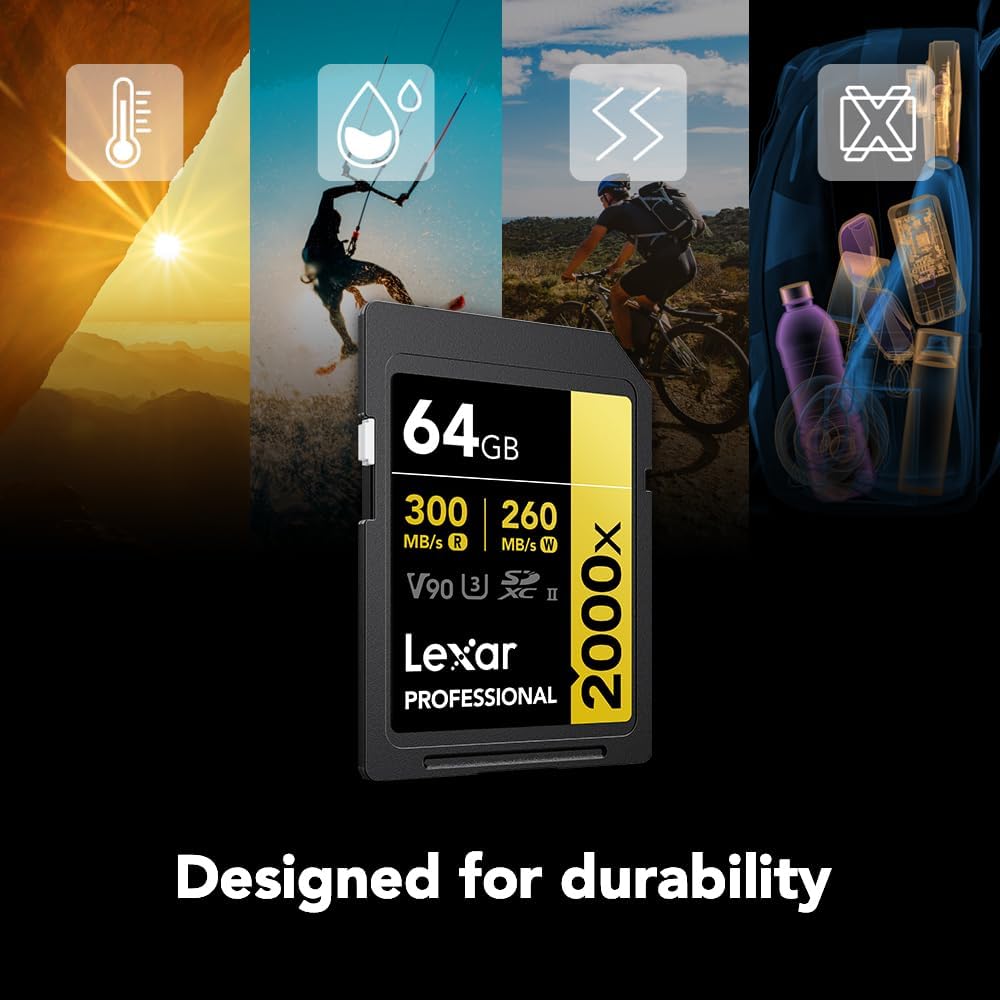 Lexar Tarjeta de memoria SDXC profesional de 64 GB, 2000x, UHS-II, C10, U3, V90, video Full-HD y 8K, lectura de hasta 300 MBs, para cámaras DSLR,
