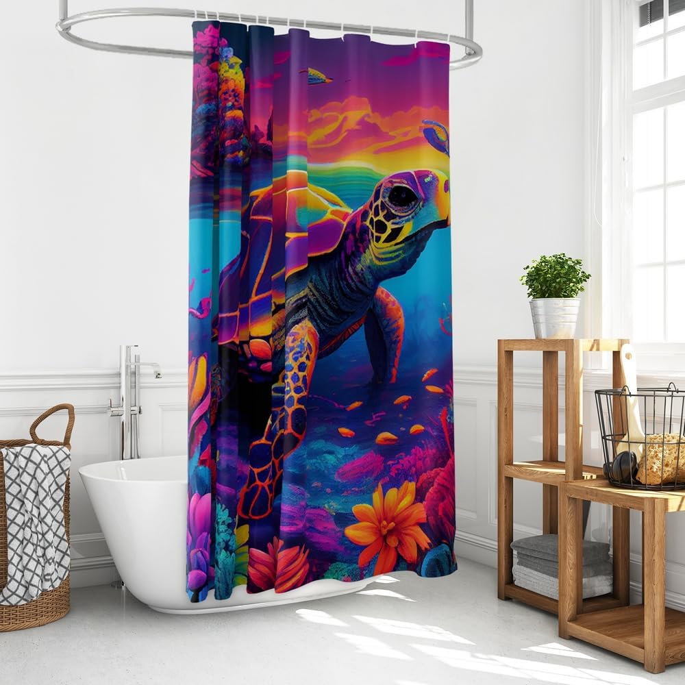 Juego de cortinas de ducha de tela con temática náutica de tortugas marinas y océano, decoración de baño con ojales y ganchos, 72 x 72 pulgadas
