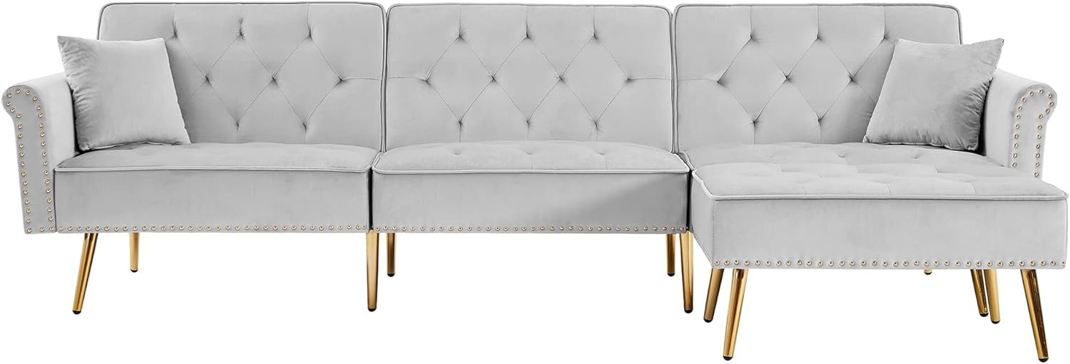 Sofá seccional tapizado de terciopelo en forma de L, sofá cama convertible con diván reversible, otomana movible para el hogar, oficina,