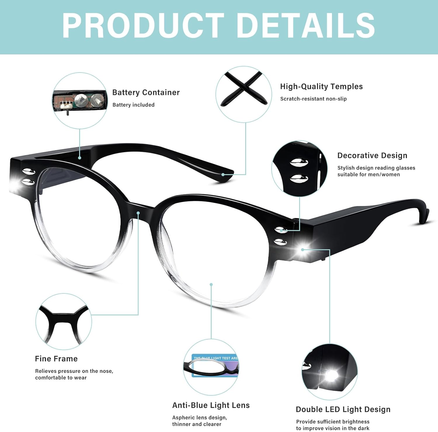 Gafas de lectura con luces LED brillantes para lectura con lupa para leer a la moda, bloqueo de luz azul, lupa, lector nocturno, mujeres y hombres,