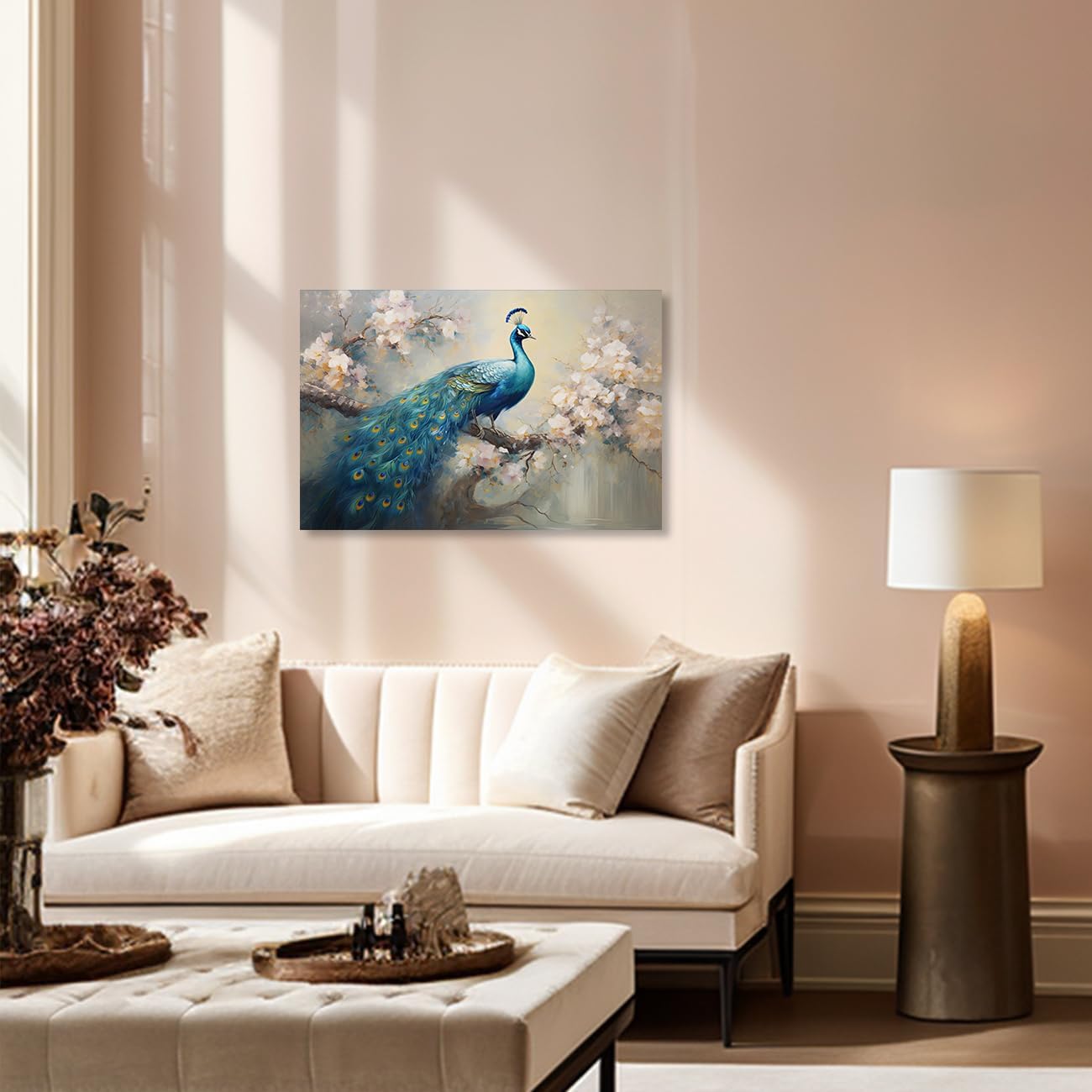 QIXIANG Lienzo decorativo para pared, diseño retro y elegante de pavo real sobre ramas de flores, impresiones de imágenes para decoración del hogar