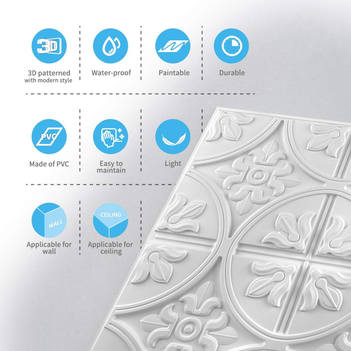 Art3d Azulejos de techo de caída 2×2, panel de techo con pegamento, estilo clásico de lujo en blanco