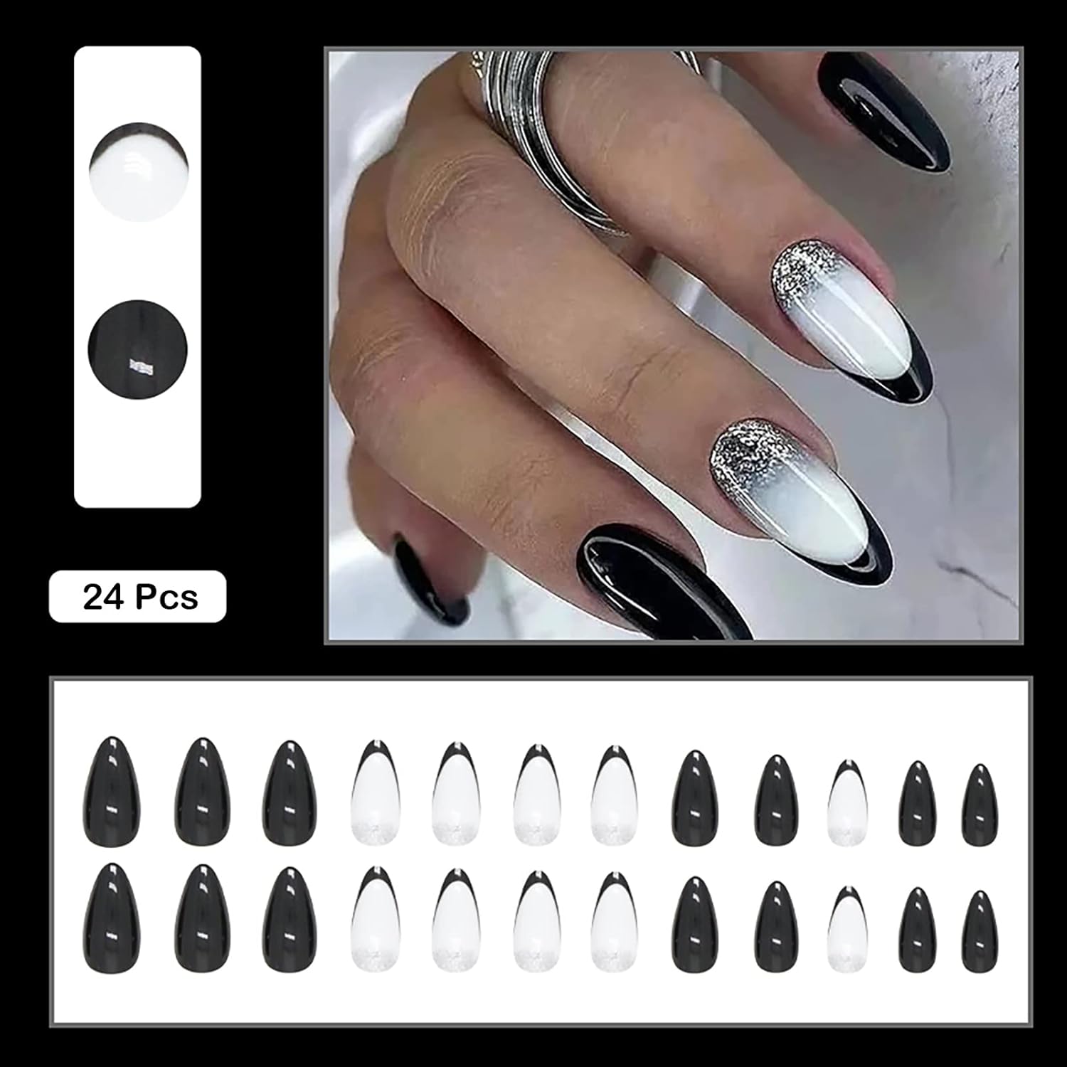 Uñas postizas a presión con punta francesa con purpurina, uñas postizas acrílicas de cobertura completa con pegamento para uñas, uñas postizas