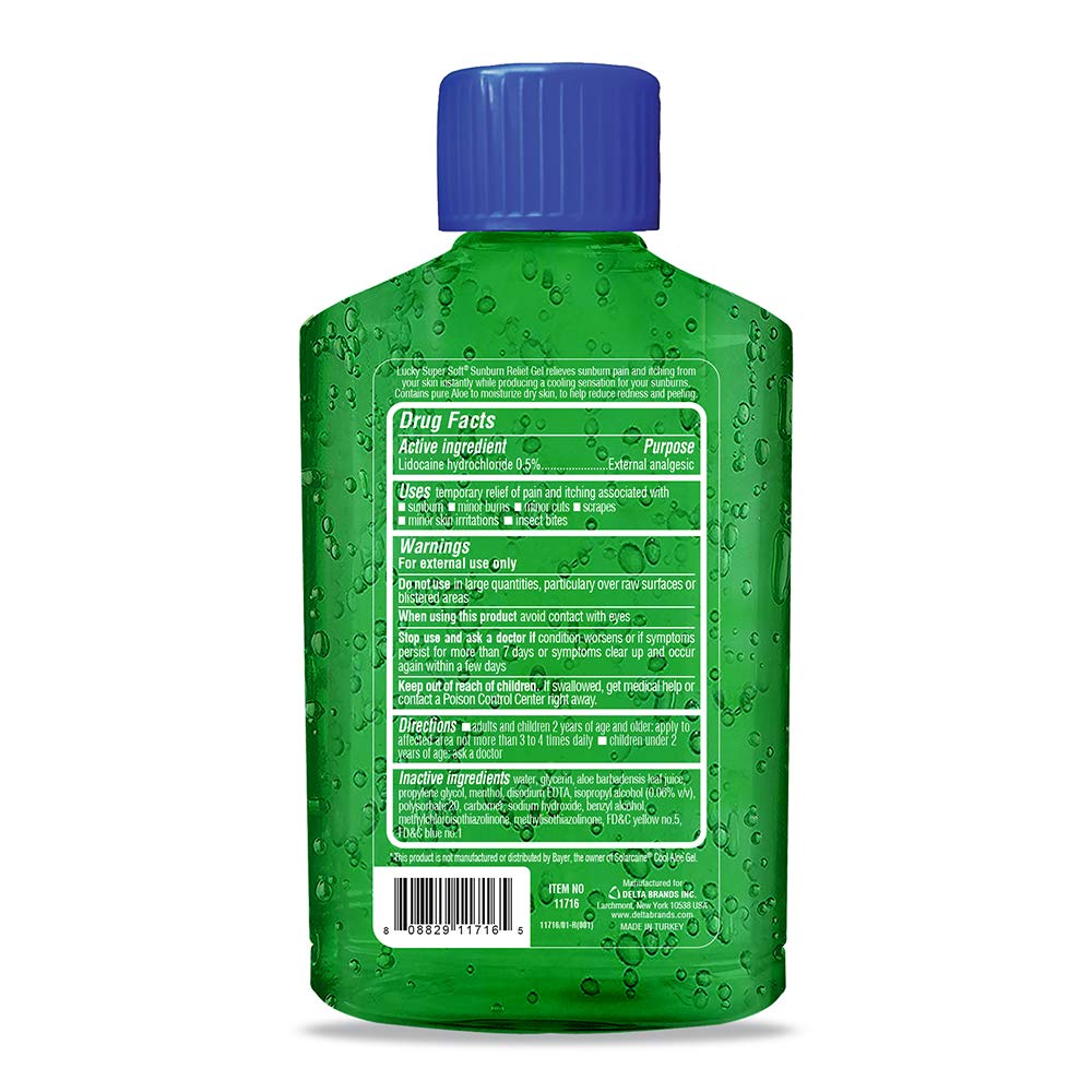 Lucky Super Soft Gel de alivio de quemaduras solares. Tratamiento de dolor, enrojecimiento y picazón. Con aloe vera y lidocaína. 8 onzas  8.01 oz
