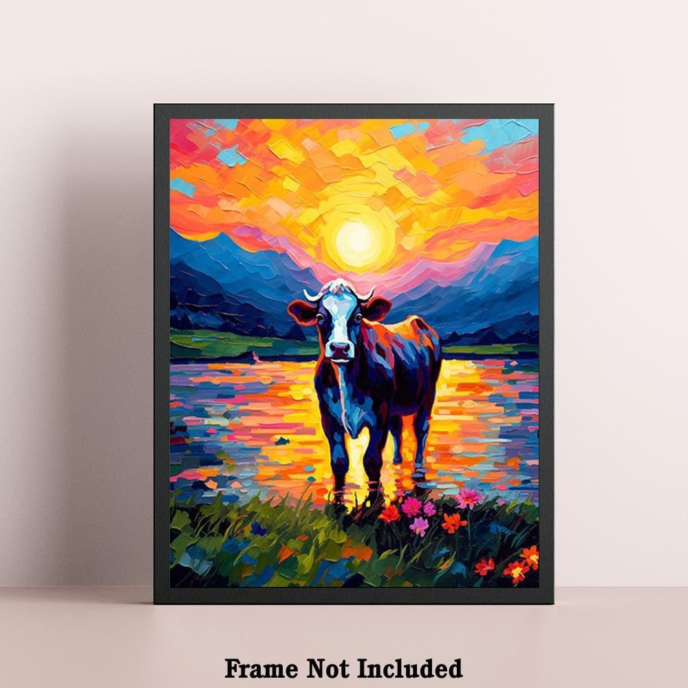 Bestbuddy Pet 8 x 10 sin marco noche estrellada Van Gogh inspirado vaca lechera junto al lago Flores Granja Animal Leche Vaca Ganado Familia Pintura