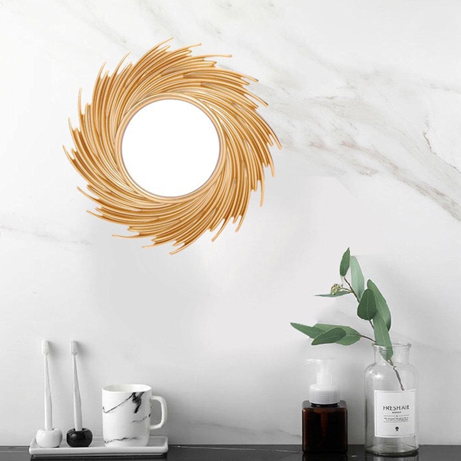 Sunburstt – Espejo de pared dorado de 10 pulgadas, pequeño espejo de pared de metal para decoración del hogar, espejo colgante estilo dormitorio,
