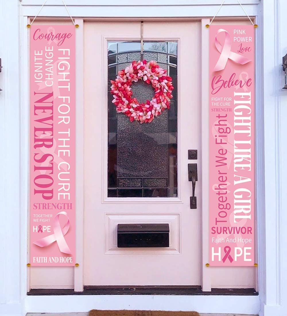 M1ntP1us Decoraciones de pancartas de concientización sobre el cáncer de mama, letrero de cinta rosa para porche, suministros de fiesta para