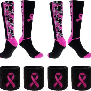 Sports Breast Cancer Awareness – Juego de calcetines y pulseras de cinta rosa  2 pares de calcetines deportivos de camuflaje digital + 4 bandas para Sports Breast Cancer Awareness – Juego de calcetines y pulseras de cinta rosa  2 pares de calcetines deportivos de camuflaje digital + 4 bandas para