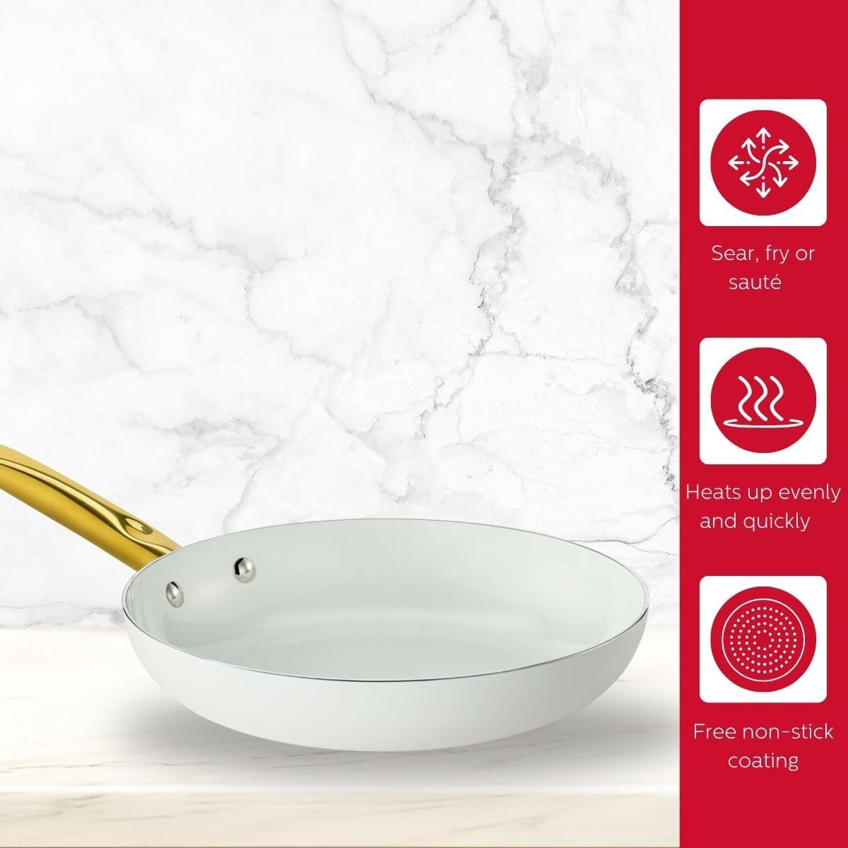 Holstein Housewares Sartén antiadherente de cerámica de 8 pulgadas, elegante mango de color blanco y dorado, elegancia dorada para cada cocina