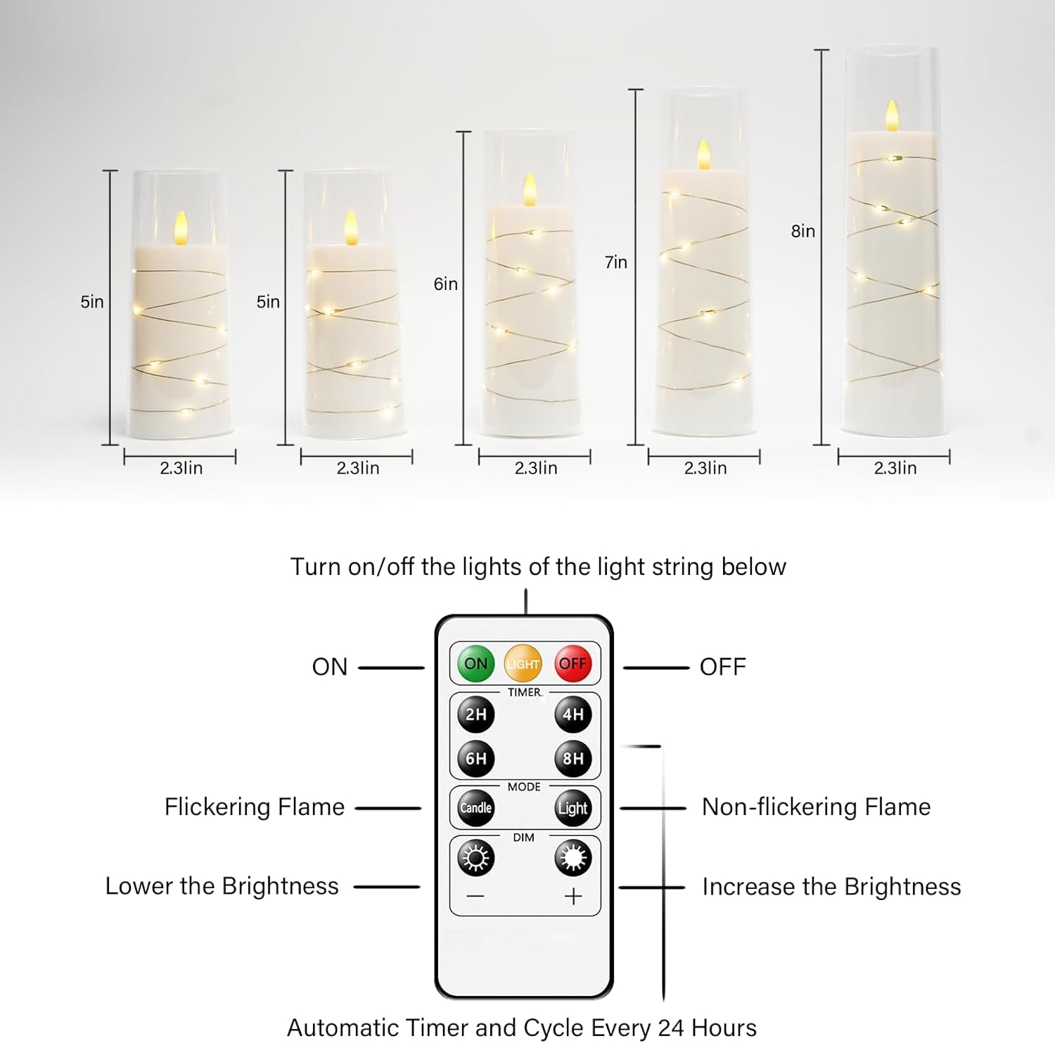 Velas sin llama, funcionan con pilas, 5 velas LED acrílicas parpadeantes con control remoto, con cadena de estrellas incrustada, vela de pilar sin