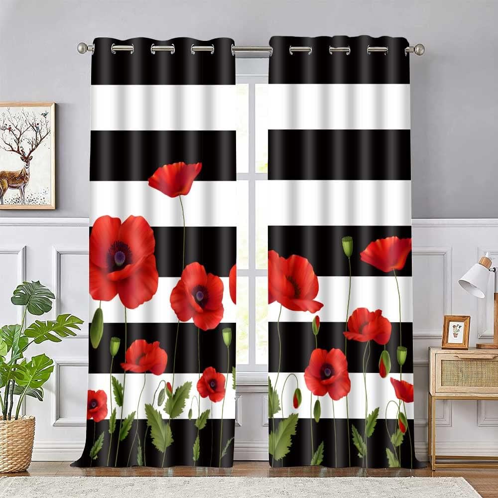 CLOKEO0343 – Cortina de amapola con diseño de flores rojas, rayas blancas y negras, para oscurecer la habitación, con aislamiento térmico y ojales,